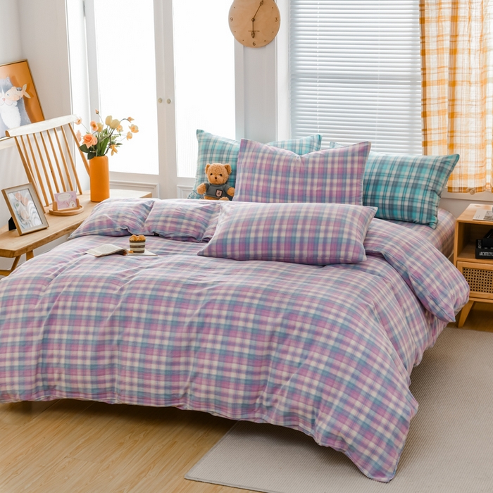 91家纺网 家纺一手货源 找家纺 柠萌家居 2024新款A类全棉色织水洗棉无印风四件套 简爱紫格