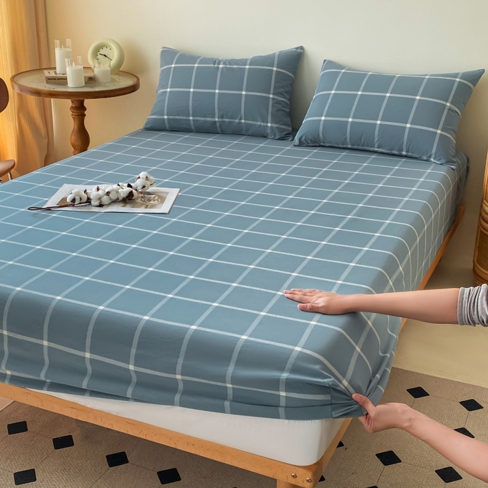 91家纺网 家纺一手货源 找家纺 寐眠 2024新款全棉水洗棉床单床笠单品-单床笠 海蓝大格