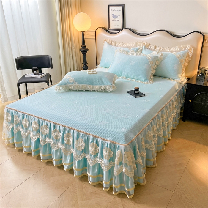 91家纺网 家纺一手货源 找家纺 虹星家纺 2024新款A类冰感凉豆豆可拆卸床裙席三件套 冰川蓝