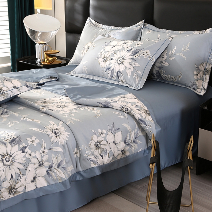 91家纺网 家纺一手货源 找家纺 梦莱斯 2024新款拼角宽边水洗天丝夏被四件套 花悦吟兰