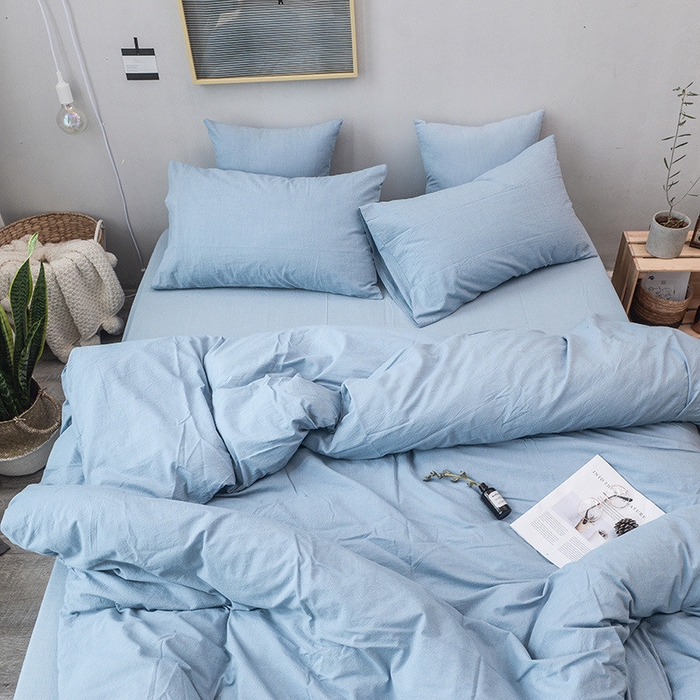 91家纺网 家纺一手货源 找家纺 柠萌家居 2024新款A类全棉色织水洗棉无印风四件套 浅水蓝