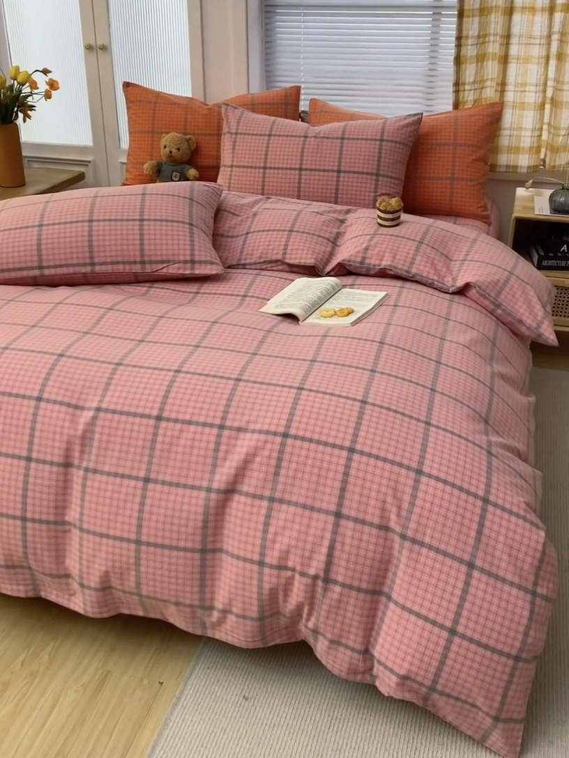 91家纺网 家纺一手货源 找家纺 柠萌家居 2024新款A类全棉色织水洗棉无印风四件套 瓦尔粉