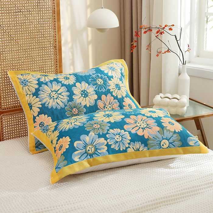 91家纺网 家纺一手货源 找家纺 朴尔-2024新款纯棉色织提花宽边定位四层纱布枕巾一对52*78 春色满园-绿