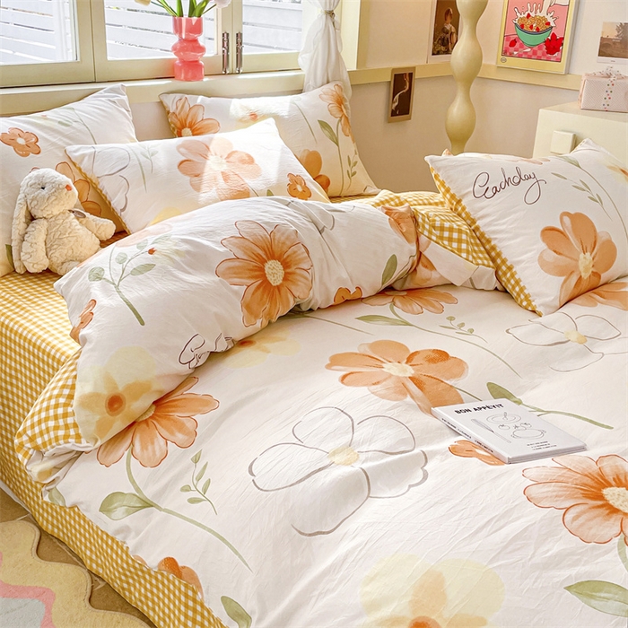 91家纺网 家纺一手货源 找家纺 盛秋家纺 2026新款水洗棉印花四件套-卡通系列 秋日花语+黄小格