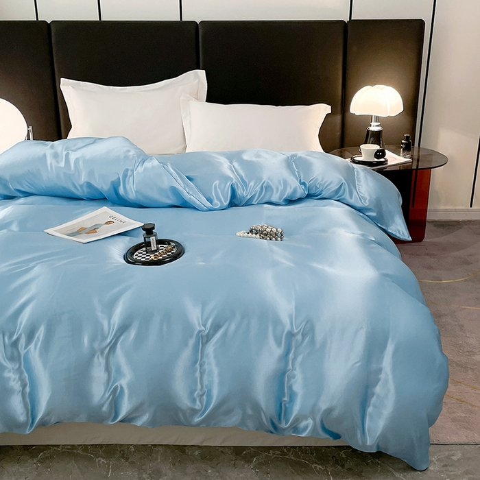 91家纺网 家纺一手货源 找家纺 梦舒羽 2025新款可水洗冰丝被套双人床被套带同款床单床笠四件套 天空蓝