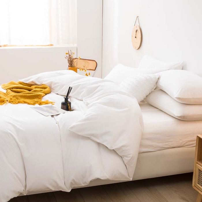 91家纺网 家纺一手货源 找家纺 柠萌家居 2024新款A类全棉色织水洗棉无印风四件套 纯白