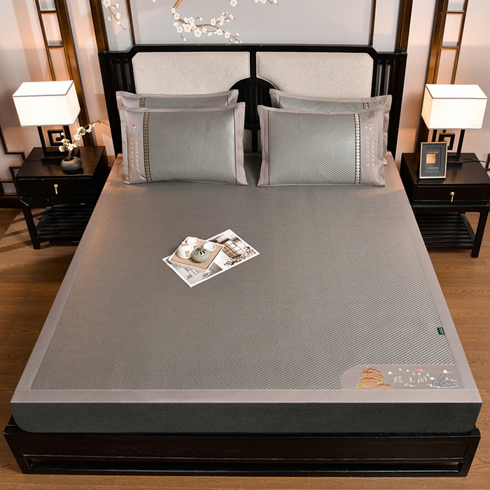 91家纺网 家纺一手货源 找家纺 简一 2024新款滕王阁重工刺绣加厚编织冰滕双面凉席 滕王阁银灰床单