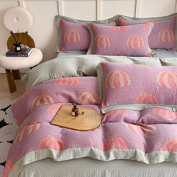 91家纺网 家纺一手货源 找家纺 小欢喜 2024新款全棉A类色织双层纱大提花四件套-宽边款 波点南瓜-紫