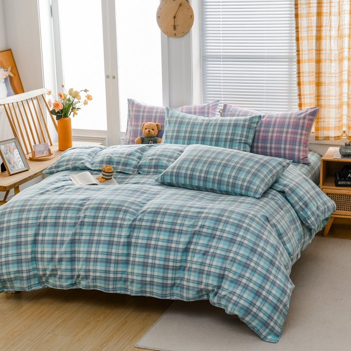 91家纺网 家纺一手货源 找家纺 柠萌家居 2024新款A类全棉色织水洗棉无印风四件套 简爱绿格