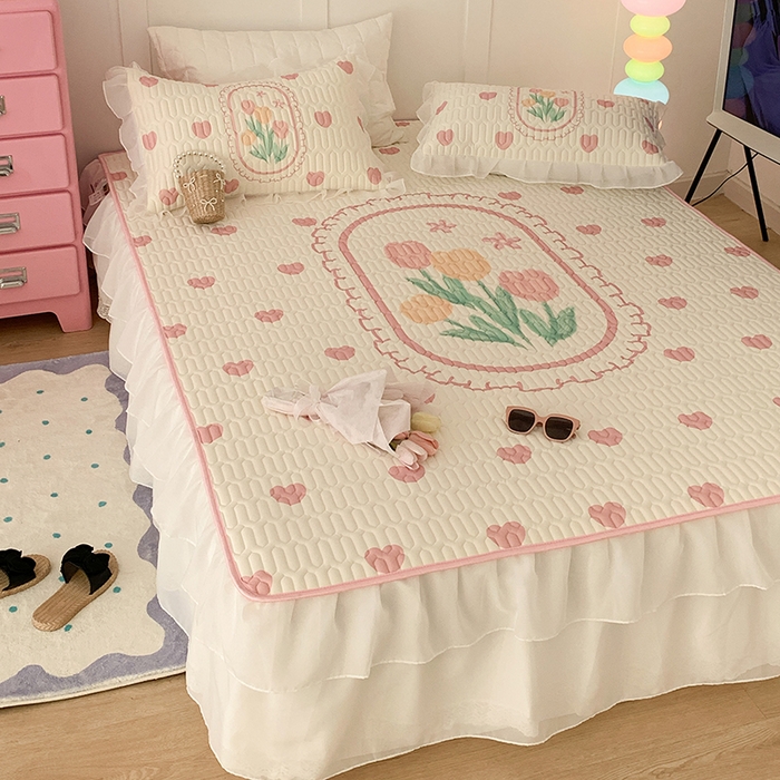 91家纺网 家纺一手货源 找家纺 昔可家纺 2024新款床裙款乳胶席 粉爱心郁金香