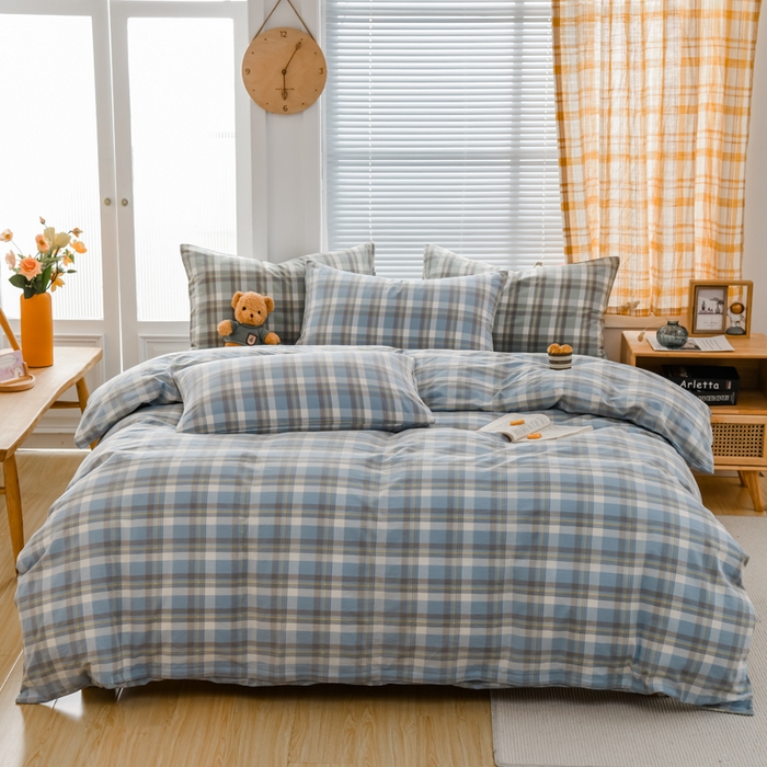 91家纺网 家纺一手货源 找家纺 柠萌家居 2024新款A类全棉色织水洗棉无印风四件套 遇见兰格