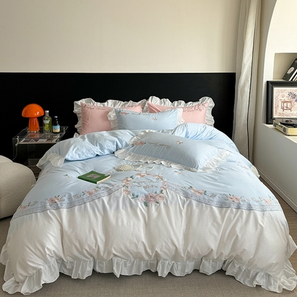 91家纺网 家纺一手货源 找家纺 （总）云雀 2025新款小清新公主风全棉刺绣四件套-米兰系列