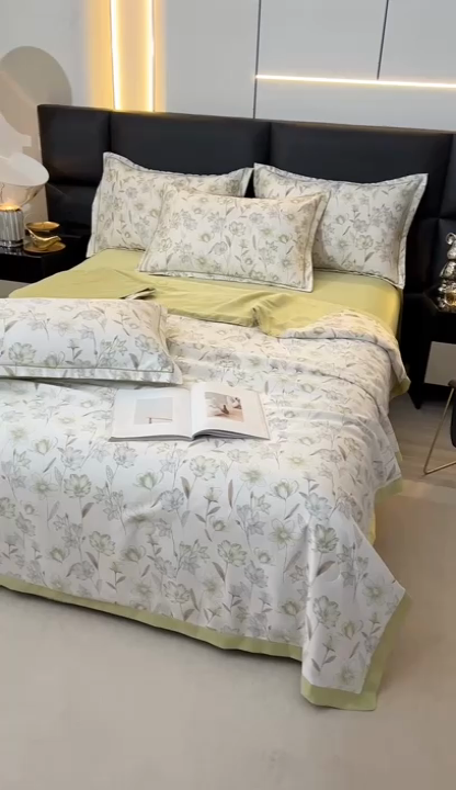 91家纺网 家纺一手货源 找家纺 梦莱斯 2024新款拼角宽边水洗天丝夏被四件套 清晨浅绿