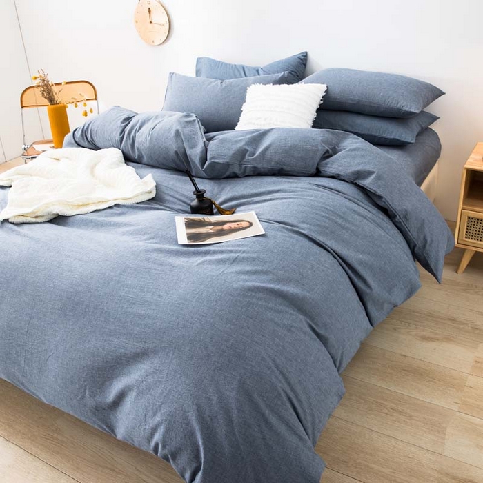 91家纺网 家纺一手货源 找家纺 柠萌家居 2024新款A类全棉色织水洗棉无印风四件套 牛仔蓝