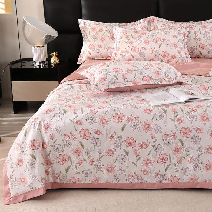 91家纺网 家纺一手货源 找家纺 梦莱斯 2024新款拼角宽边水洗天丝夏被四件套 清晨粉红