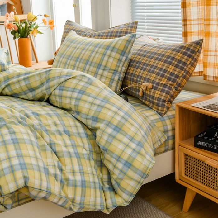 91家纺网 家纺一手货源 找家纺 柠萌家居 2024新款A类全棉色织水洗棉无印风四件套 简爱黄格