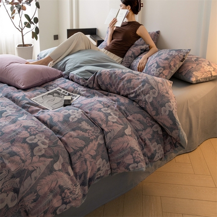 大米家居 2024新款全棉60支双层纱色织提花四件套 雨林