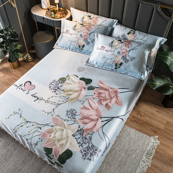 91家纺网 家纺一手货源 找家纺 大境 2024新款900d窝蜂冰丝凉席三件套 香草百合