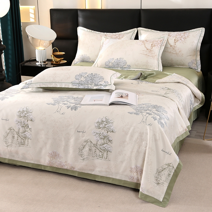 91家纺网 家纺一手货源 找家纺 梦莱斯 2024新款拼角宽边水洗天丝夏被四件套 锦瑞-米黄