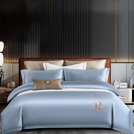 91家纺网 家纺一手货源 找家纺 浩情国际婚庆供货中心 2026新款160支长绒棉刺绣简约四件套--北慕系列 北慕-元气蓝