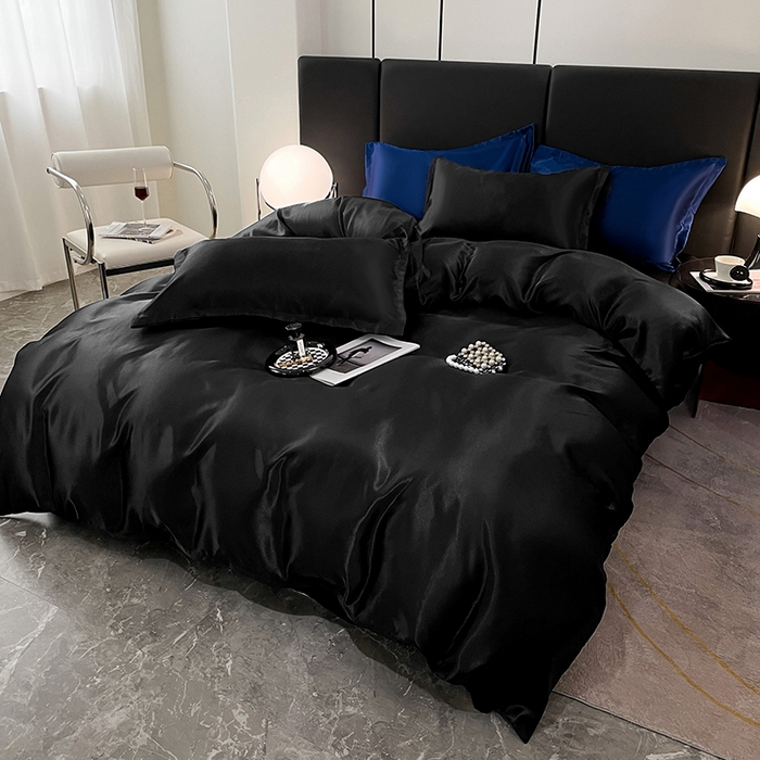 91家纺网 家纺一手货源 找家纺 梦舒羽 2025新款可水洗冰丝被套床单枕套夏季四件套 尊贵黑