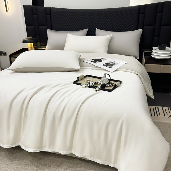 91家纺网 家纺一手货源 找家纺 直播爆款A类轻奢60S莱赛尔天丝四件套真丝四件套 本白+银灰