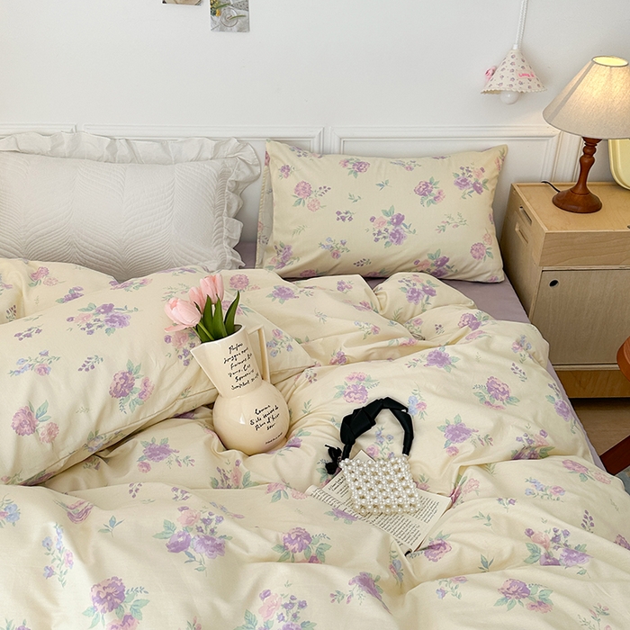 91家纺网 家纺一手货源 找家纺 昔可家纺 2024新款全棉春日复古印花四件套 紫色落花