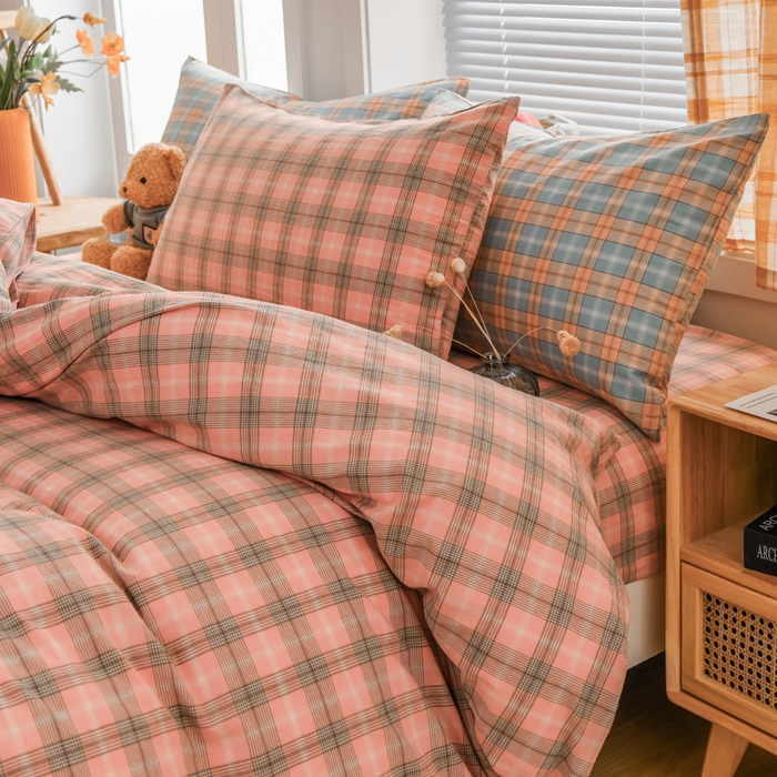 91家纺网 家纺一手货源 找家纺 柠萌家居 2024新款A类全棉色织水洗棉无印风四件套 芳华粉