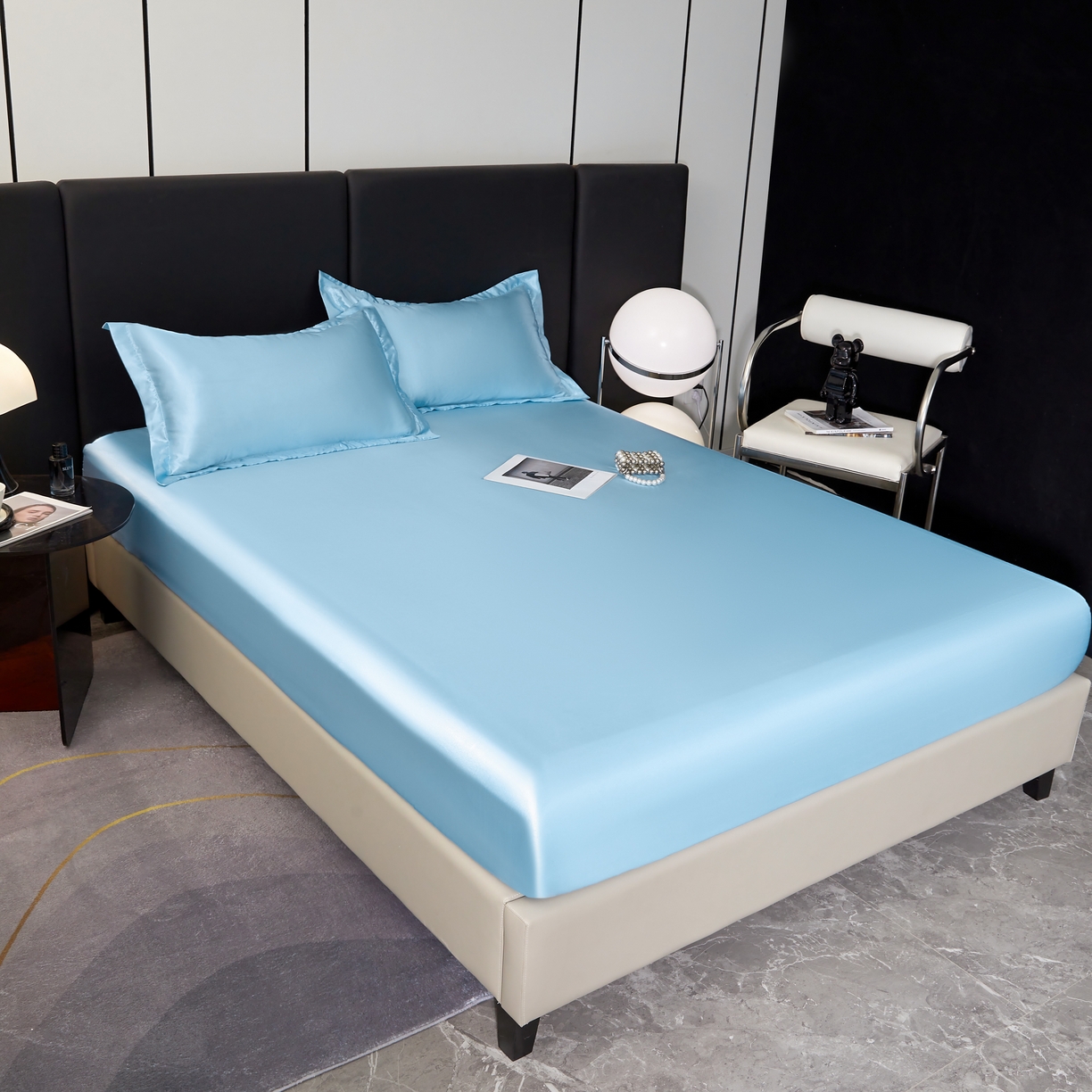 91家纺网 家纺一手货源 找家纺 梦舒羽 2025新款可水洗冰丝床垫保护套床笠三件套 天空蓝