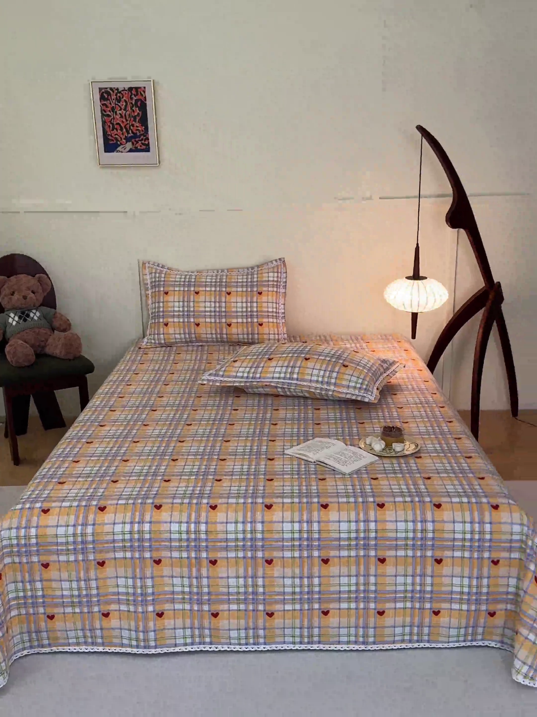 91家纺网 家纺一手货源 找家纺 萌宝 2025老粗布新款纯棉细纱三枚缎卡帆布花边款软凉席床单提供买家秀爱心格黄