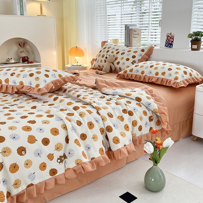 91家纺网 家纺一手货源 找家纺 梦莱斯 2024新款时尚舒适泡泡棉夏被四件套 南瓜