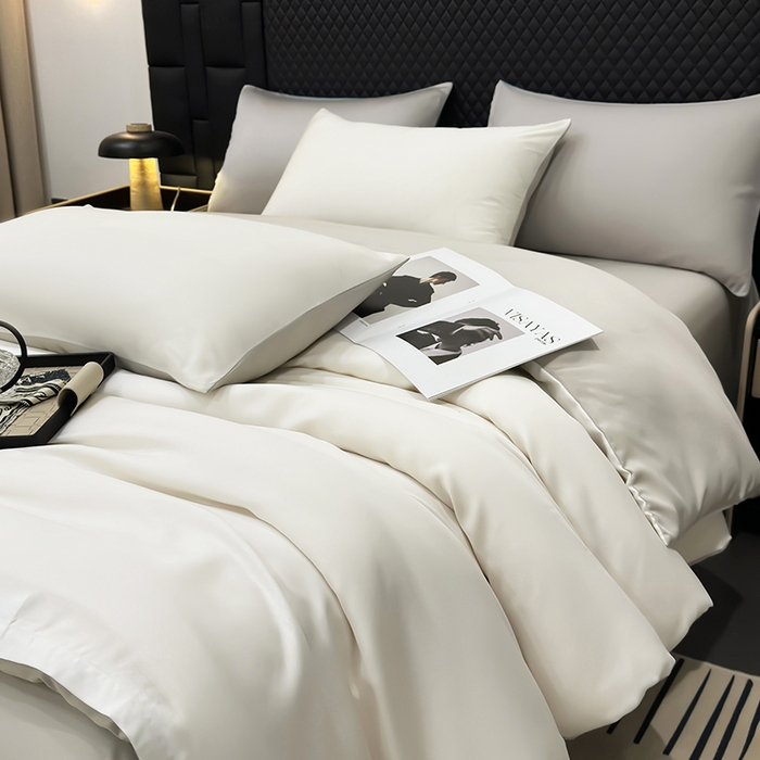 91家纺网 家纺一手货源 找家纺 直播爆款A类轻奢60S莱赛尔天丝四件套真丝四件套 本白+银灰