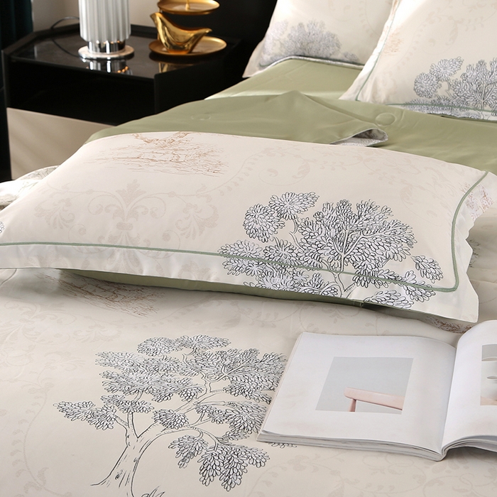 91家纺网 家纺一手货源 找家纺 梦莱斯 2024新款拼角宽边水洗天丝夏被四件套 锦瑞-米黄