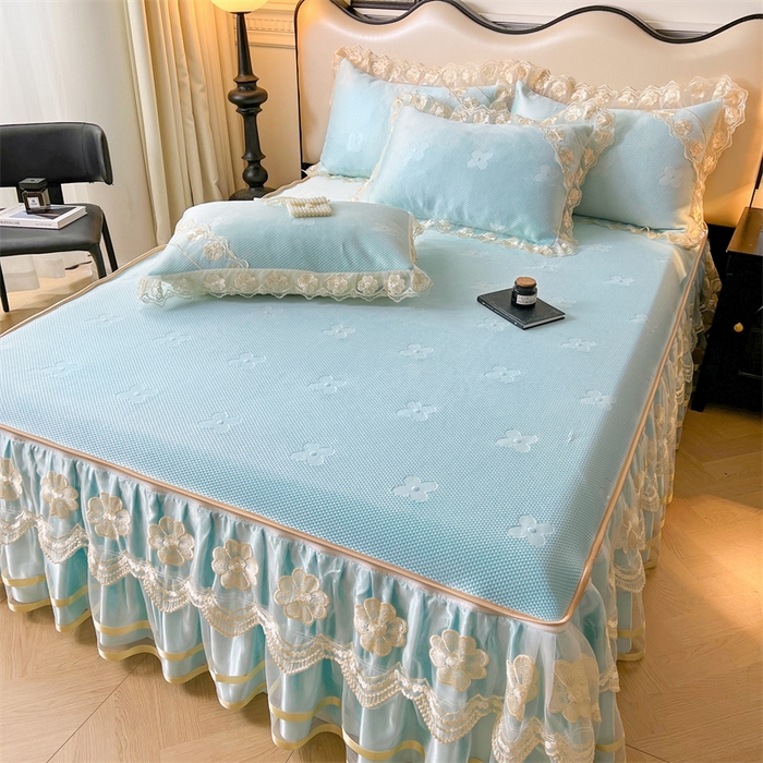 91家纺网 家纺一手货源 找家纺 虹星家纺 2024新款A类冰感凉豆豆可拆卸床裙席三件套 冰川蓝