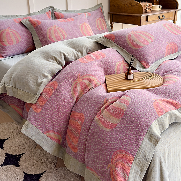 91家纺网 家纺一手货源 找家纺 小欢喜 2024新款全棉A类色织双层纱大提花四件套-宽边款 波点南瓜-紫