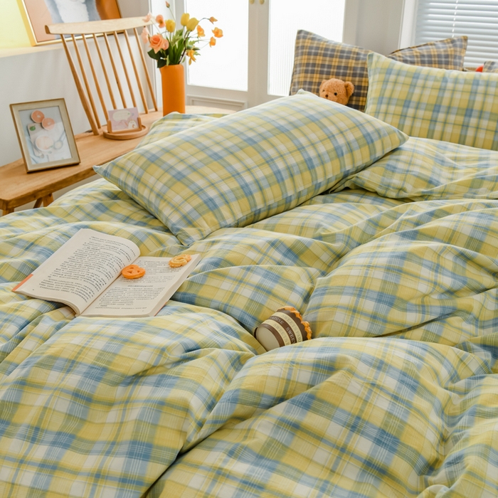 91家纺网 家纺一手货源 找家纺 柠萌家居 2024新款A类全棉色织水洗棉无印风四件套 简爱黄格