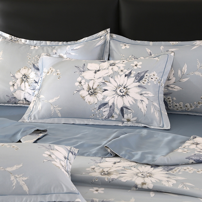 91家纺网 家纺一手货源 找家纺 梦莱斯 2024新款拼角宽边水洗天丝夏被四件套 花悦吟兰