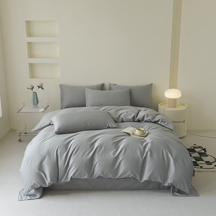 91家纺网 家纺一手货源 找家纺 百寐 2024新款全棉纯色双拼四件套素色简约套件 帝都灰