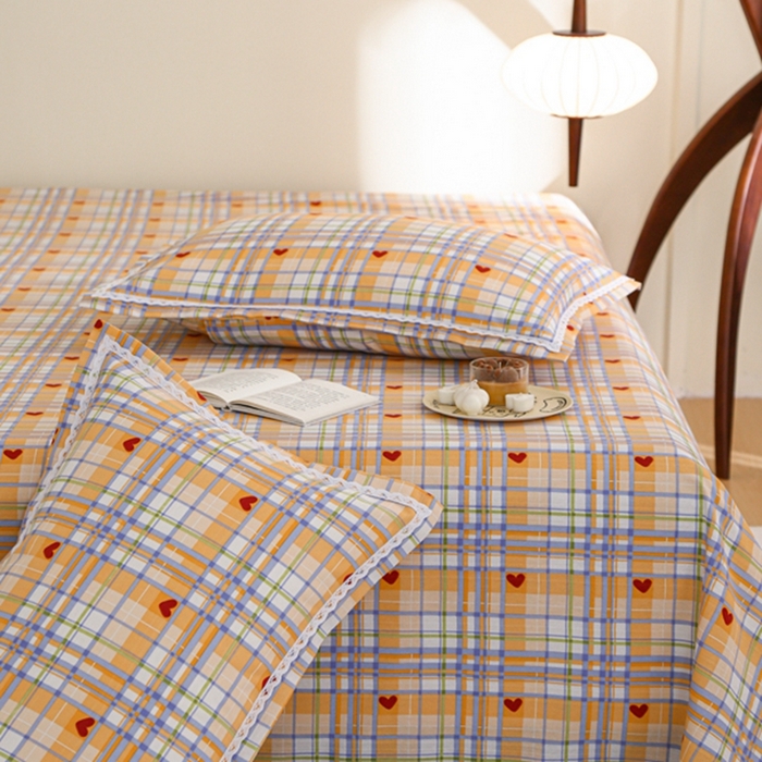 91家纺网 家纺一手货源 找家纺 萌宝 2025老粗布新款纯棉细纱三枚缎卡帆布花边款软凉席床单提供买家秀爱心格黄