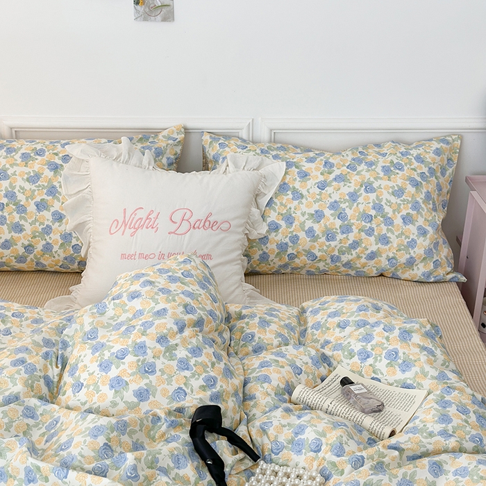 91家纺网 家纺一手货源 找家纺 昔可家纺 2024新款全棉春日复古印花四件套 春日里的蓝玫瑰