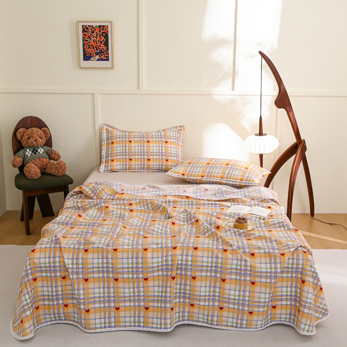 91家纺网 家纺一手货源 找家纺 萌宝 2025老粗布新款纯棉细纱三枚缎卡帆布花边款软凉席床单提供买家秀爱心格黄