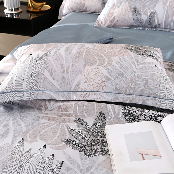 91家纺网 家纺一手货源 找家纺 梦莱斯 2024新款拼角宽边水洗天丝夏被四件套 初禾灰