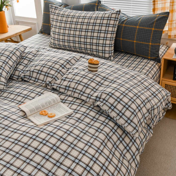 91家纺网 家纺一手货源 找家纺 柠萌家居 2024新款A类全棉色织水洗棉无印风四件套 里约蓝