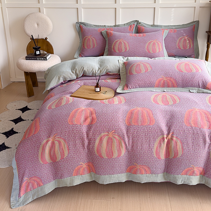 91家纺网 家纺一手货源 找家纺 小欢喜 2024新款全棉A类色织双层纱大提花四件套-宽边款 波点南瓜-紫