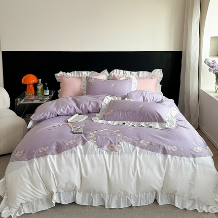 91家纺网 家纺一手货源 找家纺 （总）云雀 2025新款小清新公主风全棉刺绣四件套-米兰系列