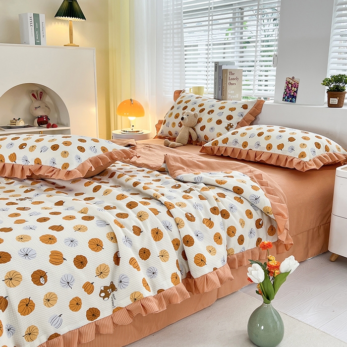 91家纺网 家纺一手货源 找家纺 梦莱斯 2024新款时尚舒适泡泡棉夏被四件套 南瓜