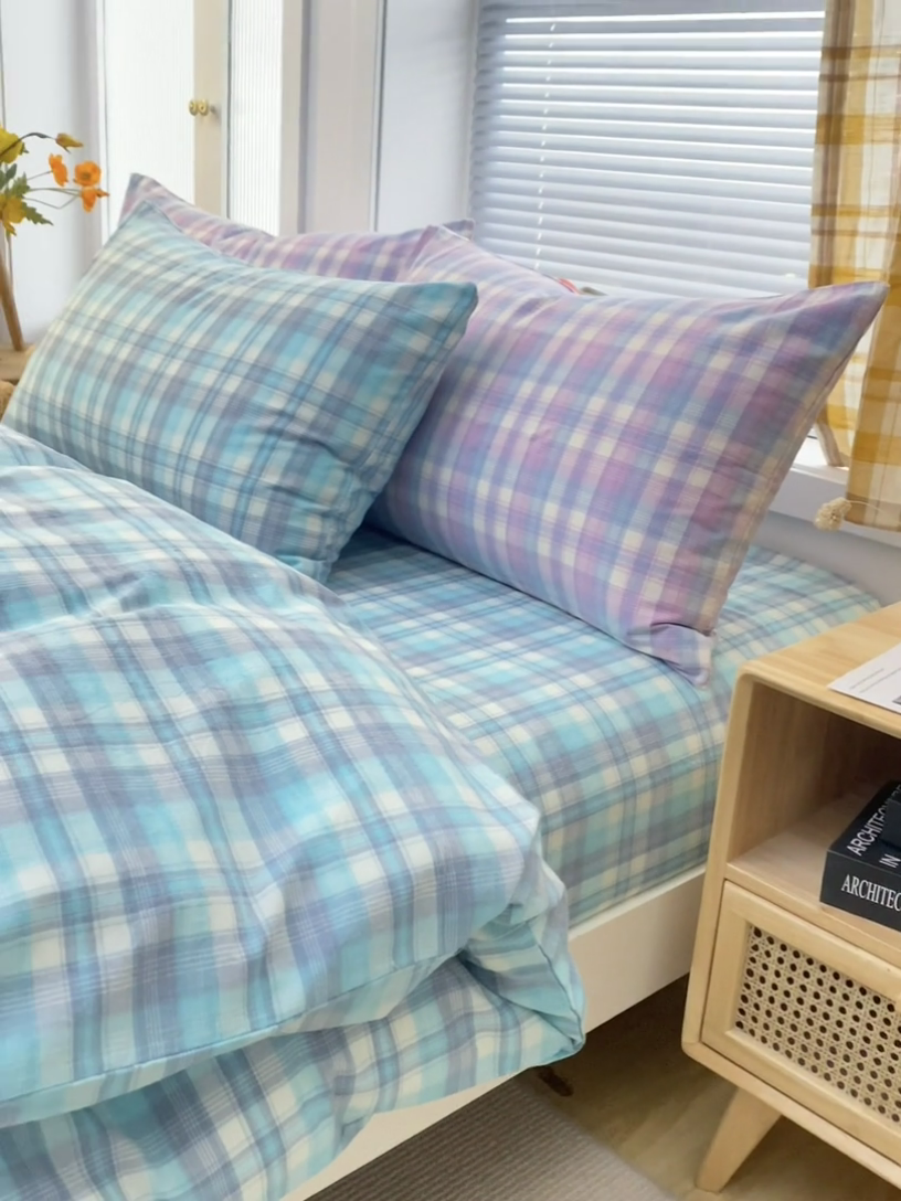 91家纺网 家纺一手货源 找家纺 柠萌家居 2024新款A类全棉色织水洗棉无印风四件套 简爱绿格