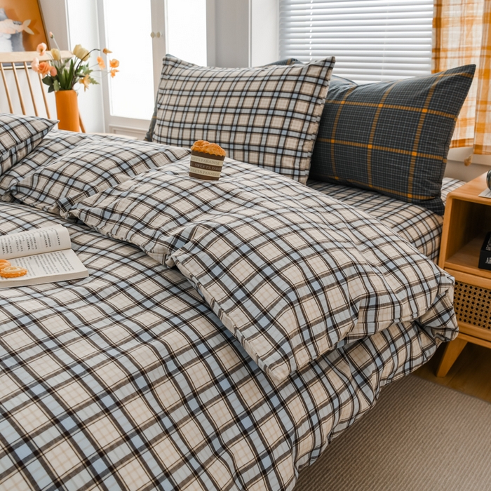 91家纺网 家纺一手货源 找家纺 柠萌家居 2024新款A类全棉色织水洗棉无印风四件套 里约蓝