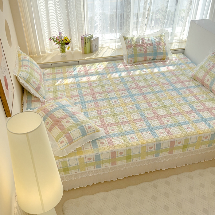 91家纺网 家纺一手货源 找家纺 冬然 2023新款全棉防滑榻榻米垫子炕垫纯棉床盖夹棉床单纯棉床单 爱心格粉