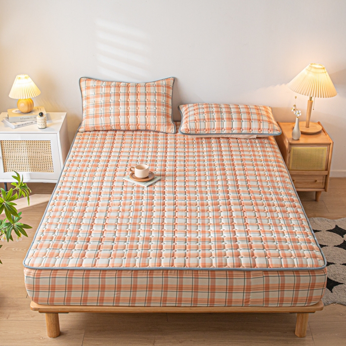 91家纺网 家纺一手货源 找家纺 鑫钰 2024新款无印风水洗棉水洗亲肤大豆夹棉床笠-简格 简格-格调橙